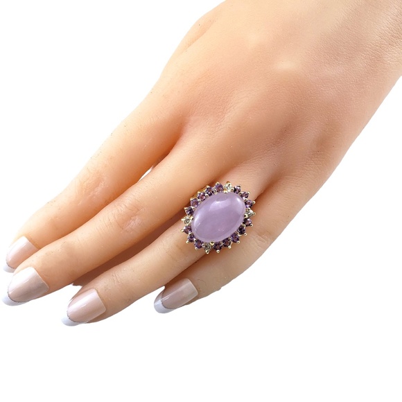 14K YG Jade, Amethyst & Diamond Ring Size 8 JAGi Certified #15762 - Picture 6 of 8